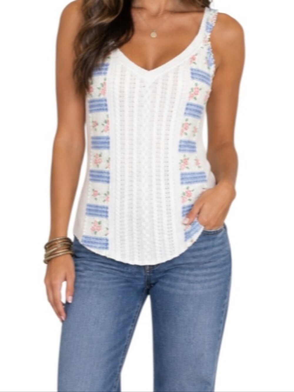 POL Floral Knit V-Neck Crochet Tank